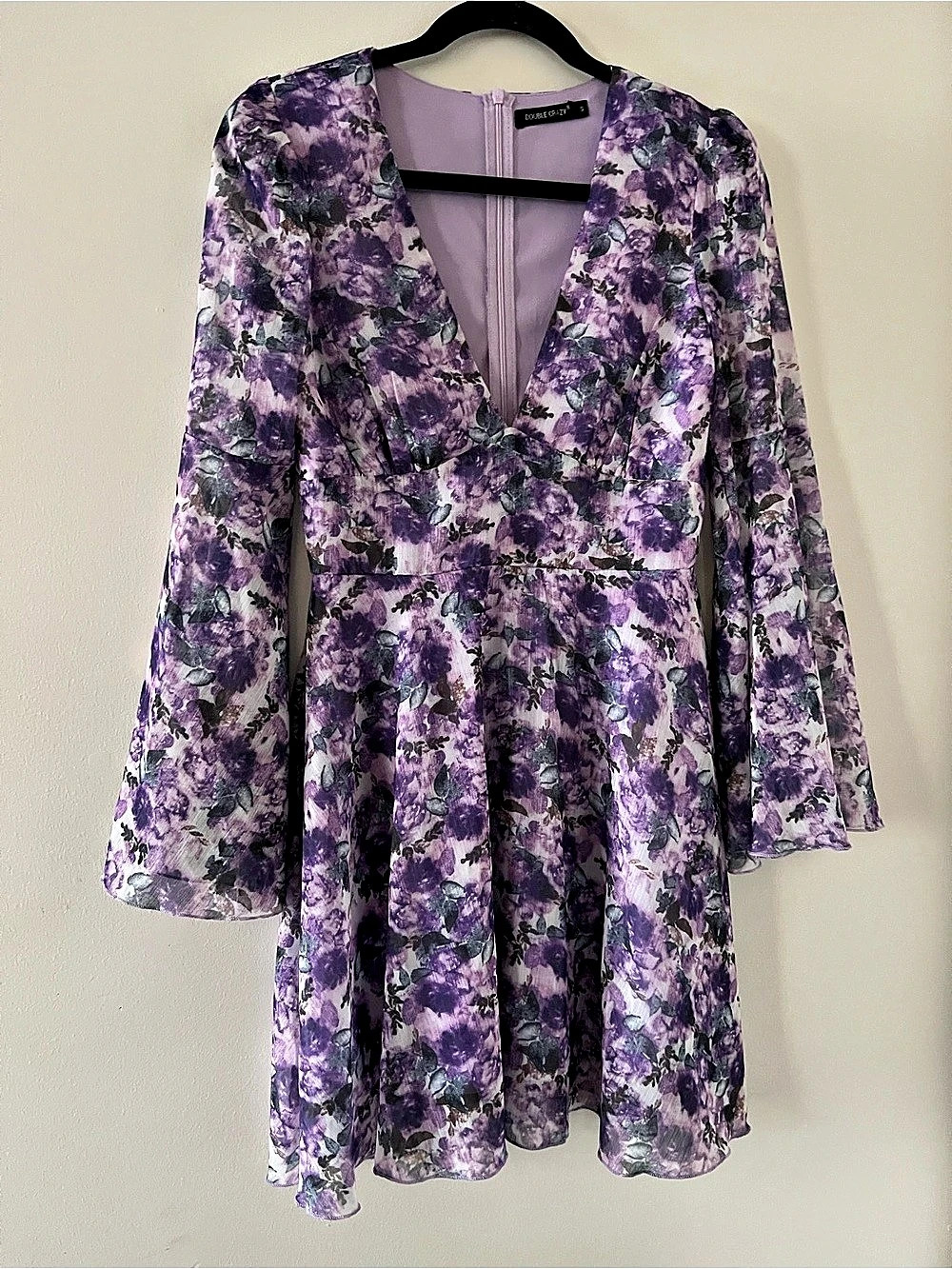 Purple Floral Print Long Bell Sleeve Mini Dress Small Romantic Feminine